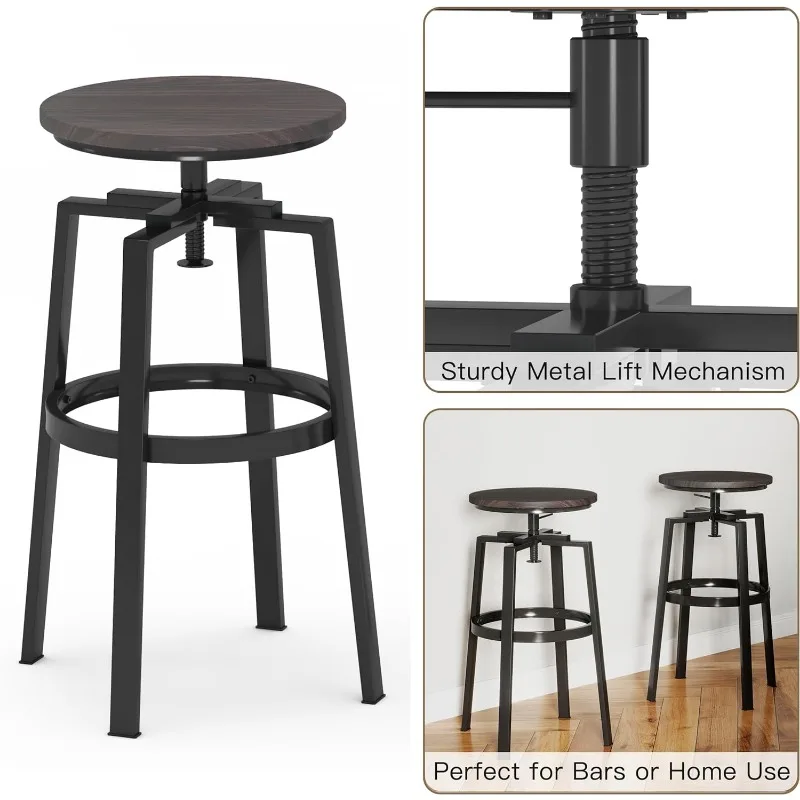 Altura ajustável Swivel Bar Stool, Assentos Bistro, Barstools de madeira, Pub Altura Bancos, Rodada Bar Cadeiras, Conjunto de 2, 28-32"