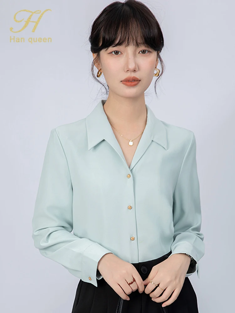 

H Han Queen Elegant Loose Long Sleeve Chic Korean Popular Clothes Women Shirts And Blouses Vintage Work Casual Tops Autumn 2025