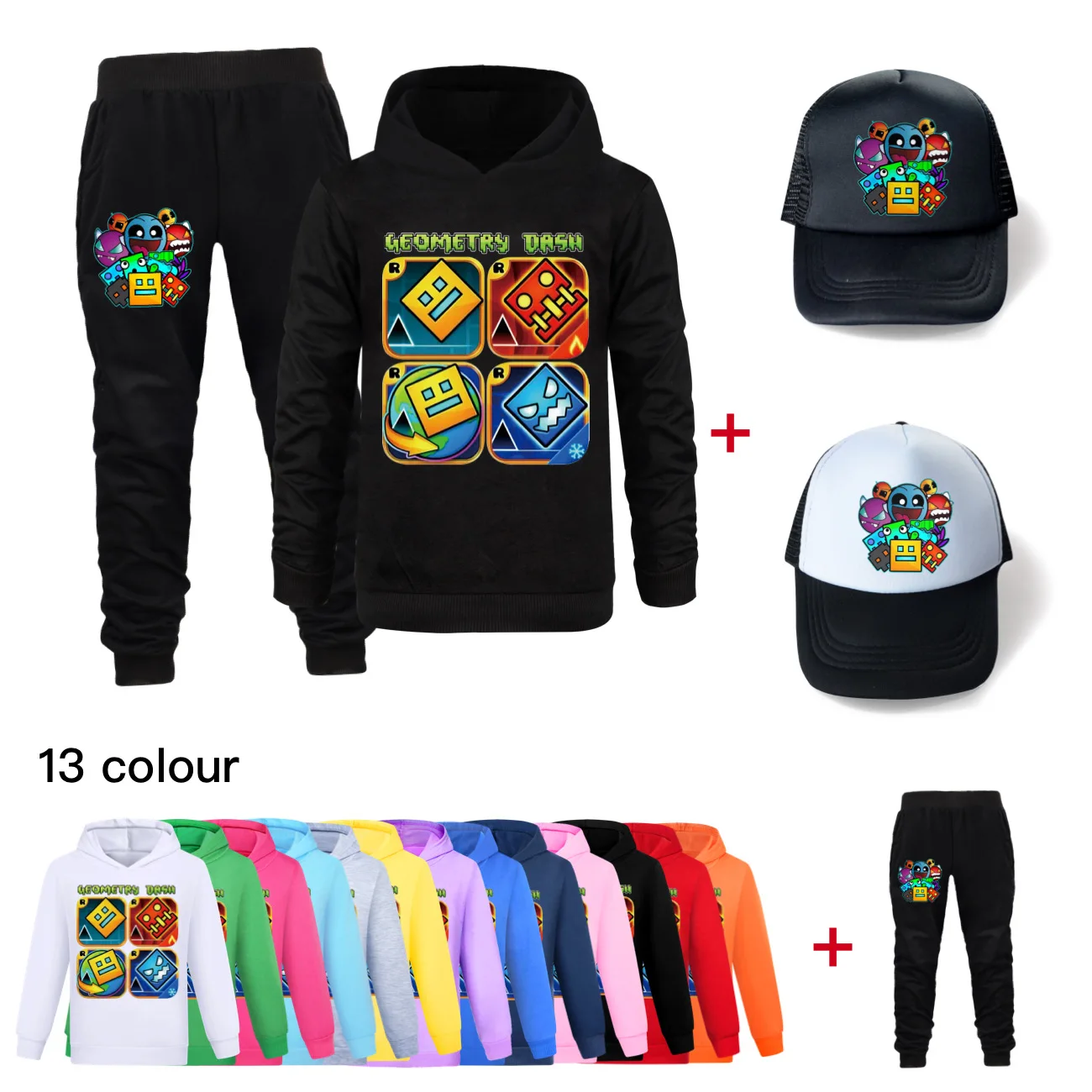 

Geometry Dash Boys Girls Tracksuit Kids Long Sleeve Hoody+ Pants Set Spring Autumn Children Clothing Infant Sets Sport Suits+cap