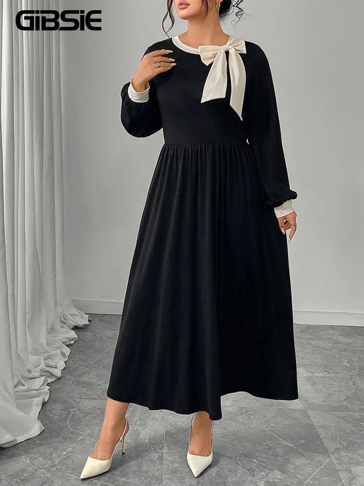 GIBSIE Plus Size New 2025 Autumn Contrast Bow Retro Black Long Dress Women Elegant O-Neck Long Sleeve Elastic A-Line Dresses