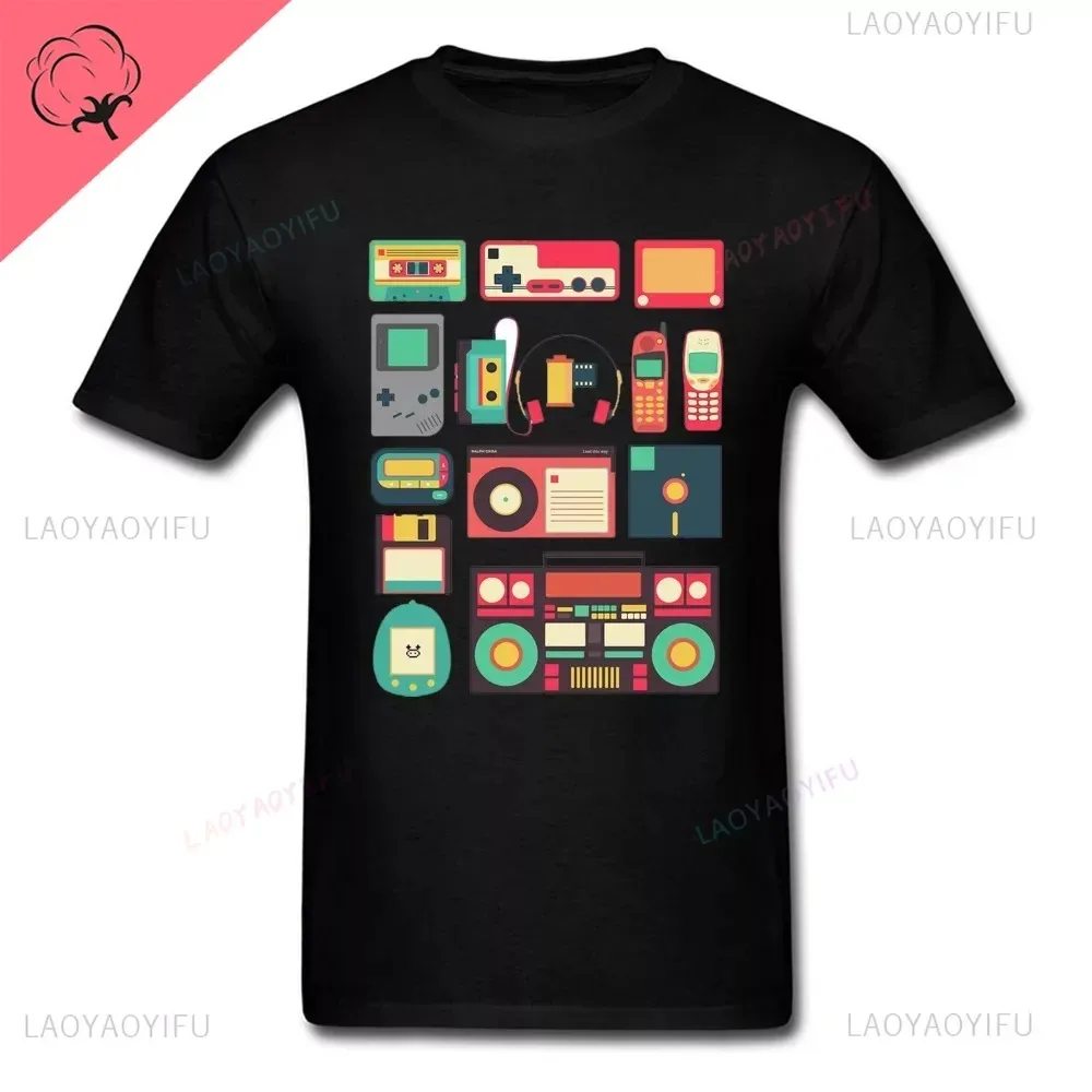 Techno Game PC T Shirt Console Cassette Controller Telephone Technology Videogame Black Tshirts for Men 80s 90s Classic Game