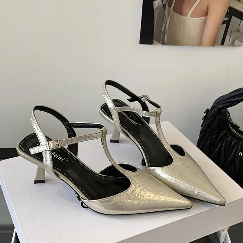 

2025 новые брендовые женские золотые сандалии, модные женские элегантные туфли с острым носком и ремешком на щиколотке, модельные туфли на тонком высоком каблуке, новые туфли-лодочки
