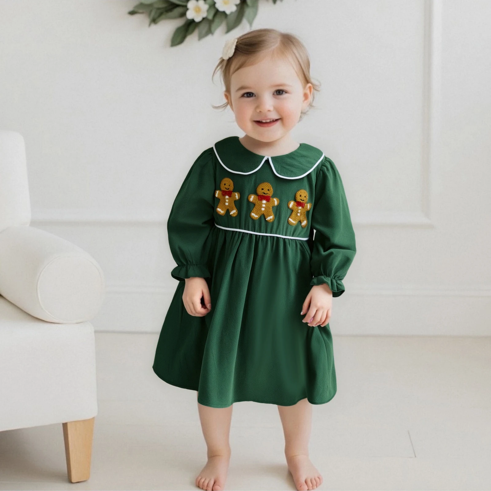 2-6Y Kids Girl Christmas Dress Casual Gingerbread Man Embroidery Doll Collar Long Sleeve Dress for Baby Cute Clothes