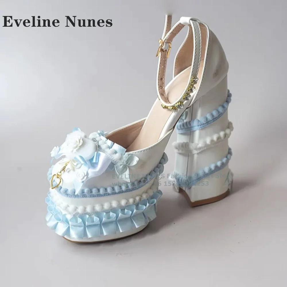 Platform Rhinestone Buckle Strap Lolita Pumps Round Toe Height Increasing Shallow Flower Ruffles Women Mary Janes 2024 Newest view 6