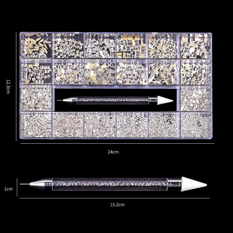 Смешанные AB стеклянные кристаллы и бриллианты, плоские стразы, украшения для дизайна ногтей, 21 сетчатая коробка, набор аксессуаров для ногтей с 1 ручкой