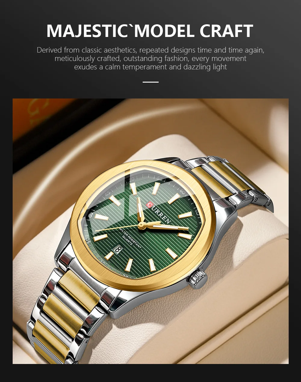 CURREN Modische Minimalistische Quarzuhr für Herren Zweifarbiges Edelstahlarmband Luxus-Armbanduhren mit Leuchtzeigern – Detail 3