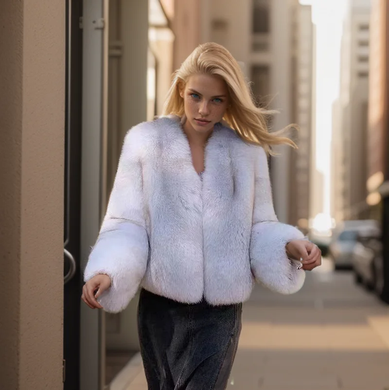 

Winter warm whole leather fox fur coat V-neck fashion light luxury blue fox natural color fur genuine fur coat