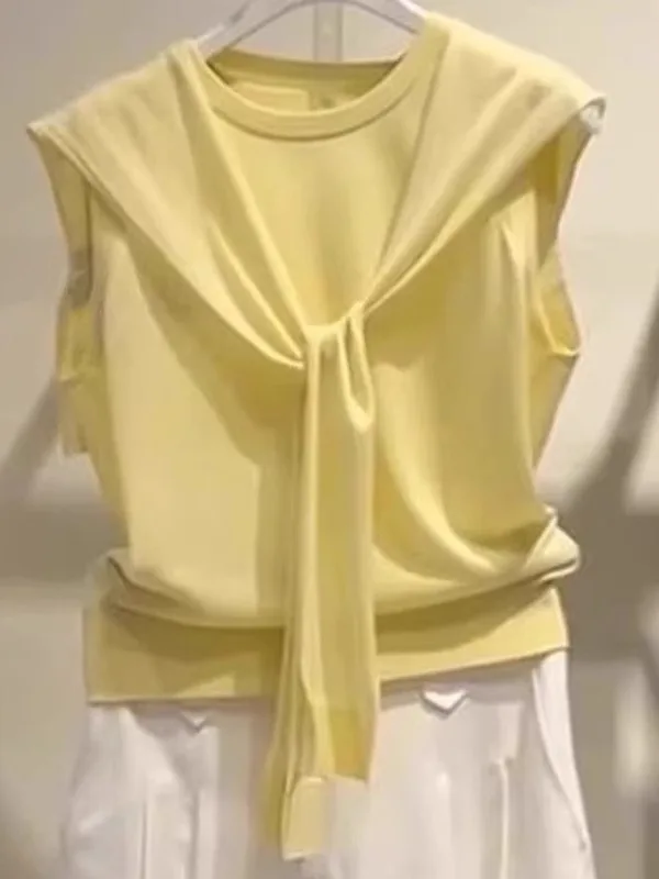 ファッショナブルな夏のニット肩巻きトップス、ラウンドネック、スリム、ハイエンド婦人服、通勤、韓国版