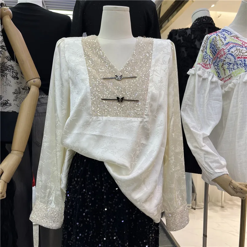 

New Chinese Style Versatile Tang Suit Shirt Women's Spring 2024 Glittering Personality Matching Shirt Pure Color V-neck Long ...