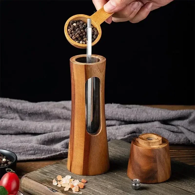 8Inch Pepper Grinder Set Acrylic Wooden Salt and Pepper Set Kitchen Pepper Mill Spice Shaker Adjustable Ceramic Grinder Mills