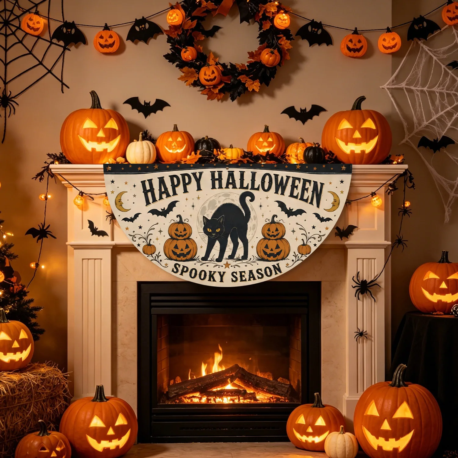 Vintage Halloween Garden Half Fan Banner Pumpkin Black Cat Bunting Flag for Festival Indoor Home Fireplace Outdoor Yard Decor