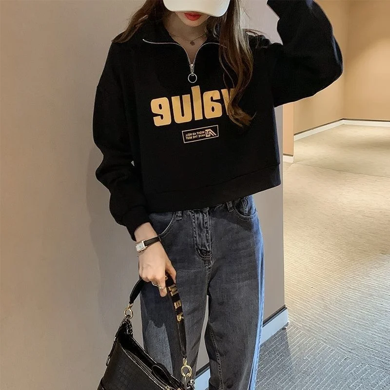 

ZOUXO Sweatshirt Women Cotton Short Stand Collar Sweatshirt 2022 Spring Autumn Korean Style Loose BF Clothes