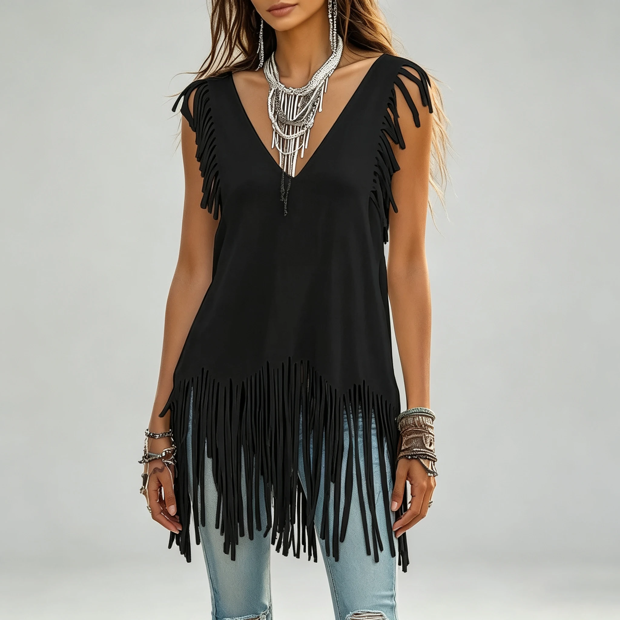 Women Tassel Tank Top Sexy Sleeveless Baggy T-shirt Vest Tee Blouse Tank Tops Irregular Fringe Feminino V Neck Streetwear Top