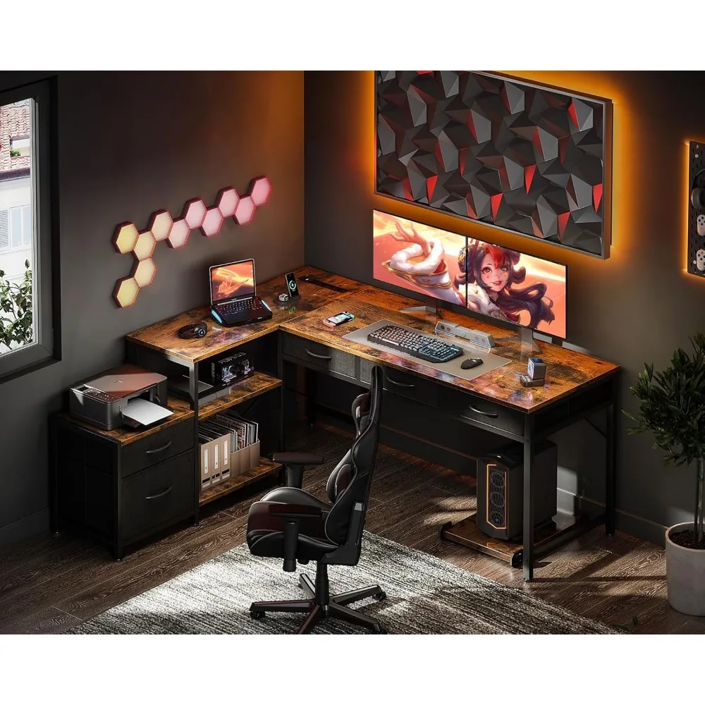 Shaped Computer Desk with Fabric Drawers and File Cabinet, 61" Reversible Home Office Workstation Desk with Power Outlets