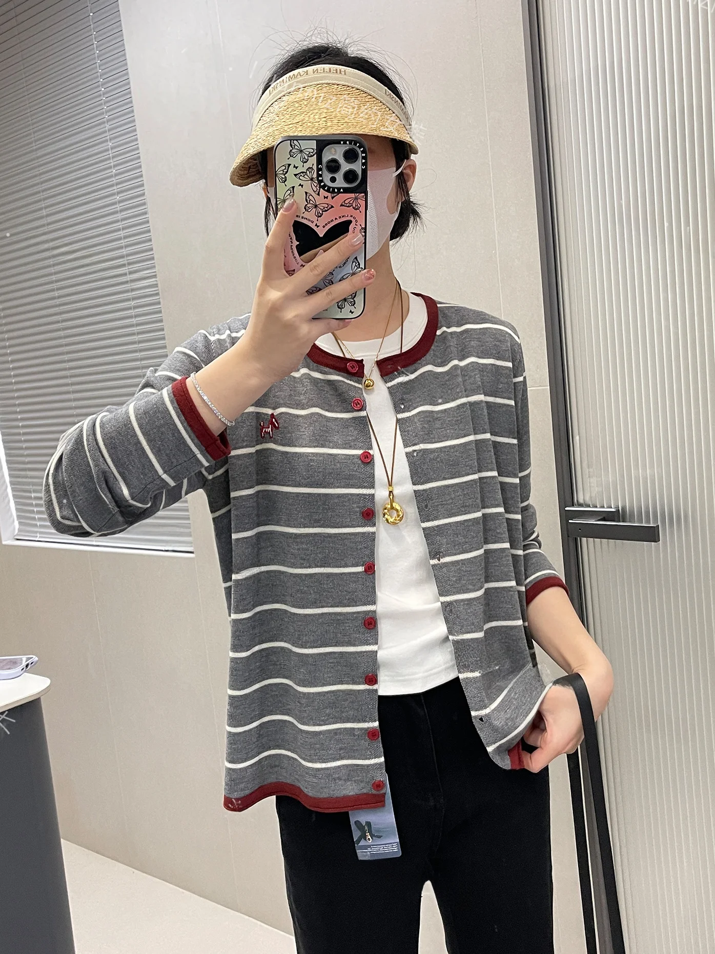 

Korean Sle round Ne Single Button Striped Knitted Open Cardigan Spring Lightweight Long Sve Women's Faion Outerwear