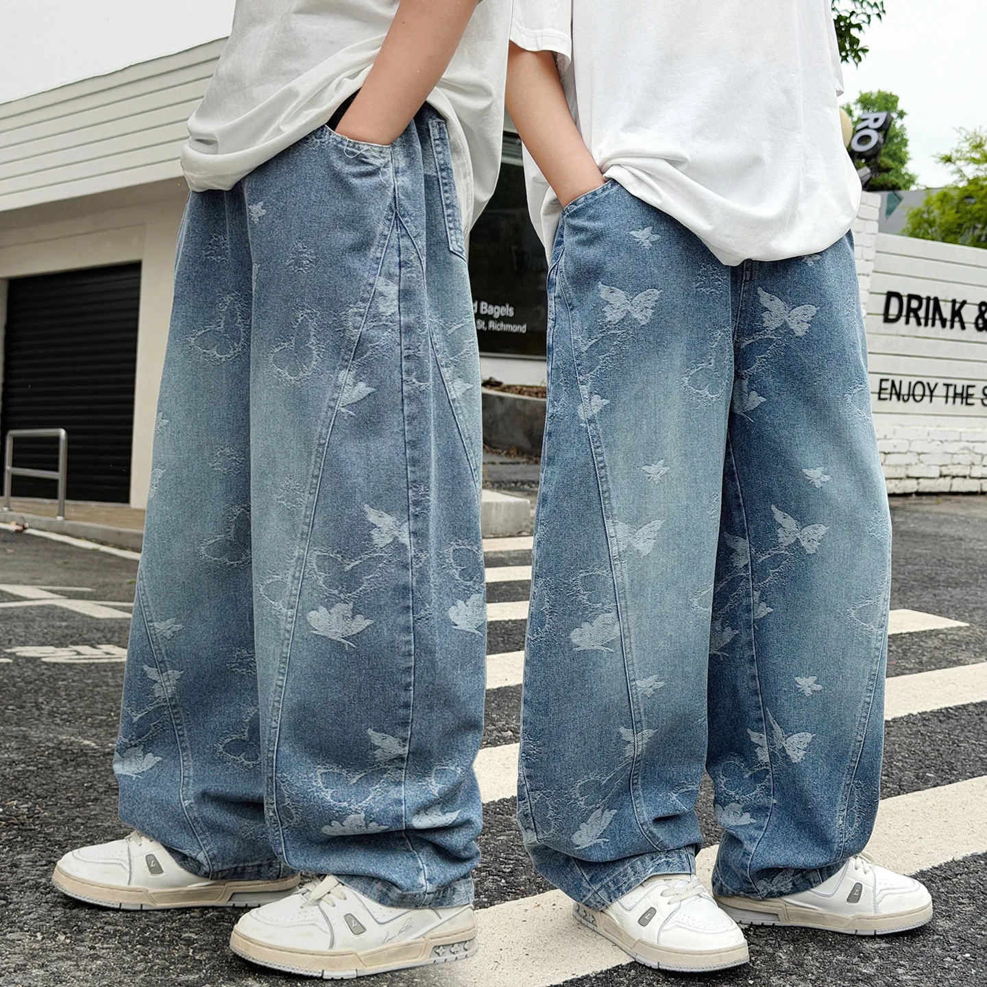 Teenage Boys' Jacquard Jeans Straight Tube Loose Wide Leg Pants Summer Autumn Mosquito Resistant Kids' Clothing 4-14 Years