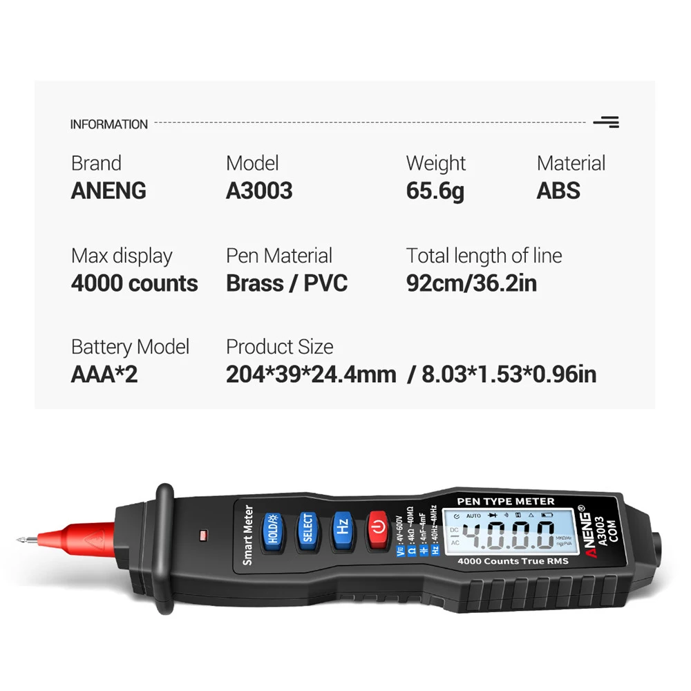Imagem -03 - Inteligente ac Tester Tensão Caneta Digital Multímetro Profissional 4000 Contagens Medidor True Rms A3003