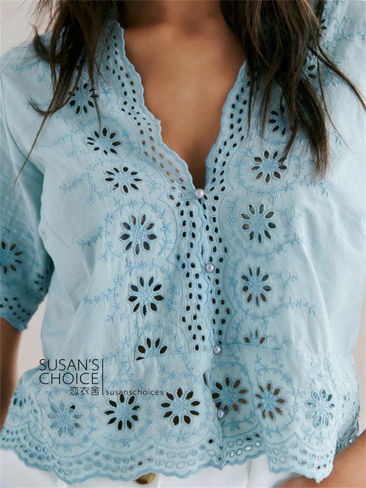 

Susan Pure Cotton Hollow out Embroidery ort irt Women's V-ne Top Breathable Skin-friendly French Sle Summer Faion