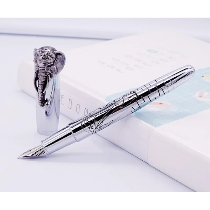 A+ Fuliwen Fountain Pen Elephant Head on The Cap, Delicate Silver Signature Pen