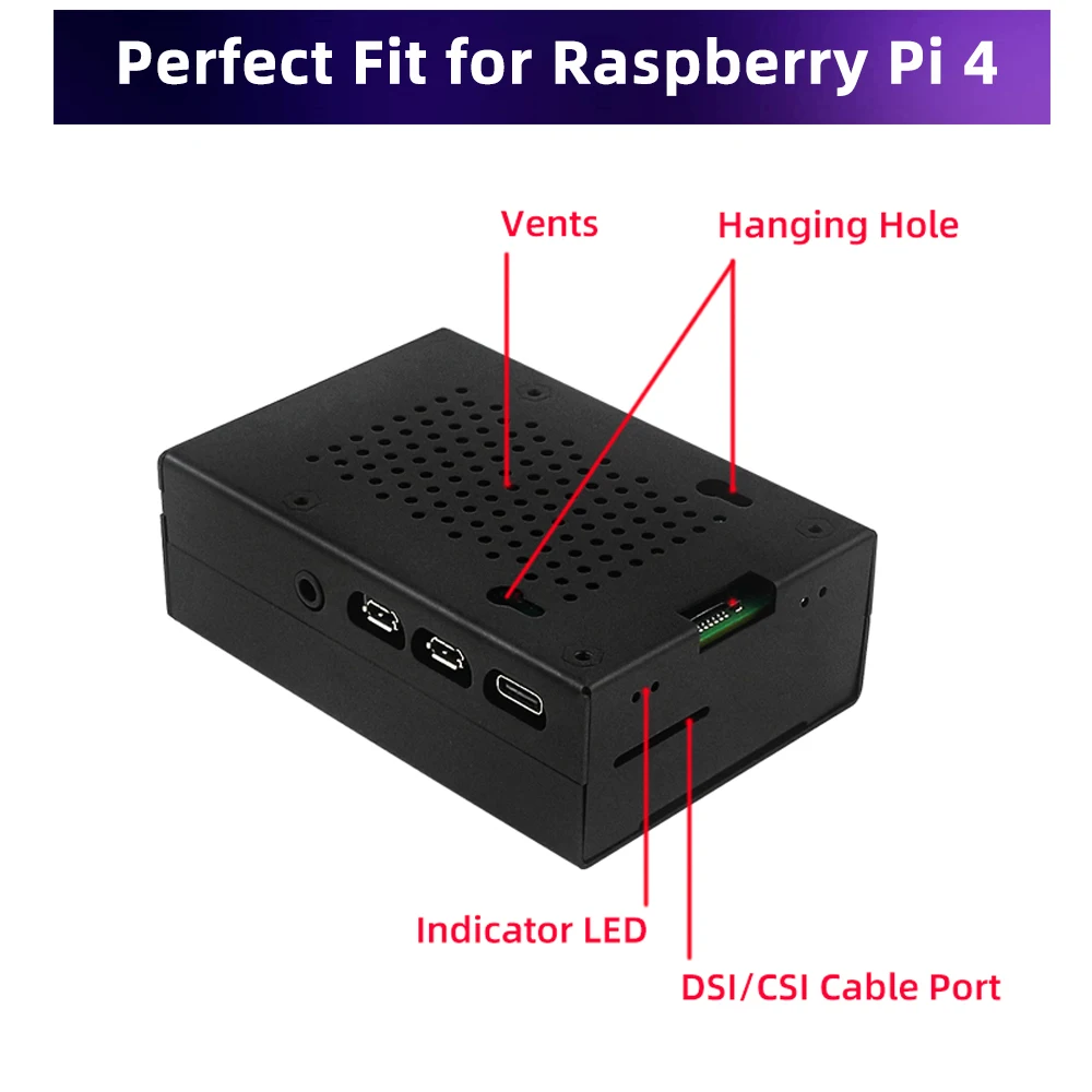 Raspberry Pi 4 Metal Case Black Silver Vents Shell with Cooling Fan Optional Heatsink Power Supply  for Raspberry Pi 4 Model B