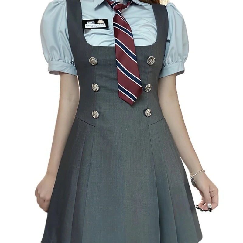 JK Vita alta Cintura dimagrante Ragazza piccante Camicia a maniche lunghe Bretelle nere Abito Set uniforme scolastica per le donne Estate