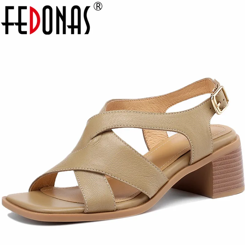 

Женские босоножки на толстых каблуках FEDONAS, желтые туфли из натуральной кожи, элегантная обувь для офиса на лето 2023