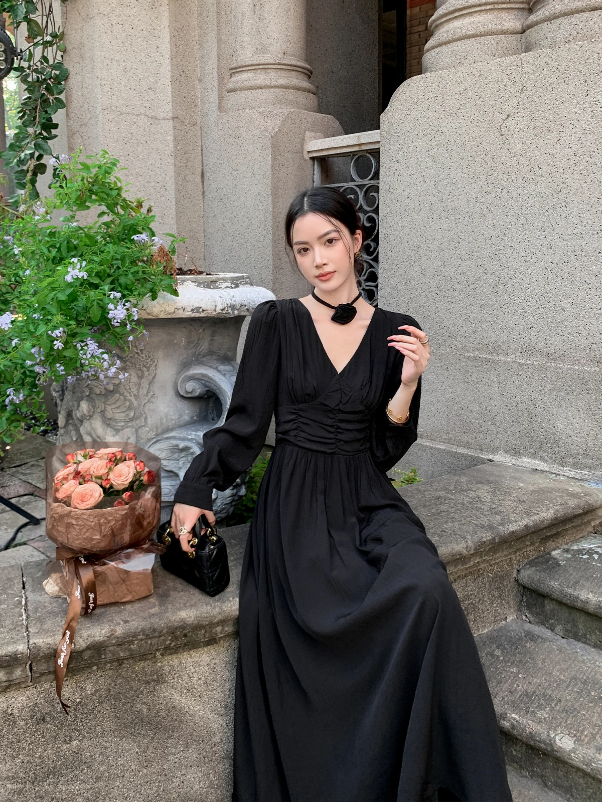 

Ele Bla Long Sve V-Ne Dr Vintage Sle Spring Autumn New Arrival Women's Faion Gown A-Line Silhouette