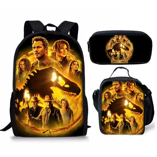 Imagen 2 del producto Jurassic World 3 Mochila para estudiantes Mochila de dibujos animados Bolsa para comida Bolsa para bolígrafos Juego de 3 piezas
