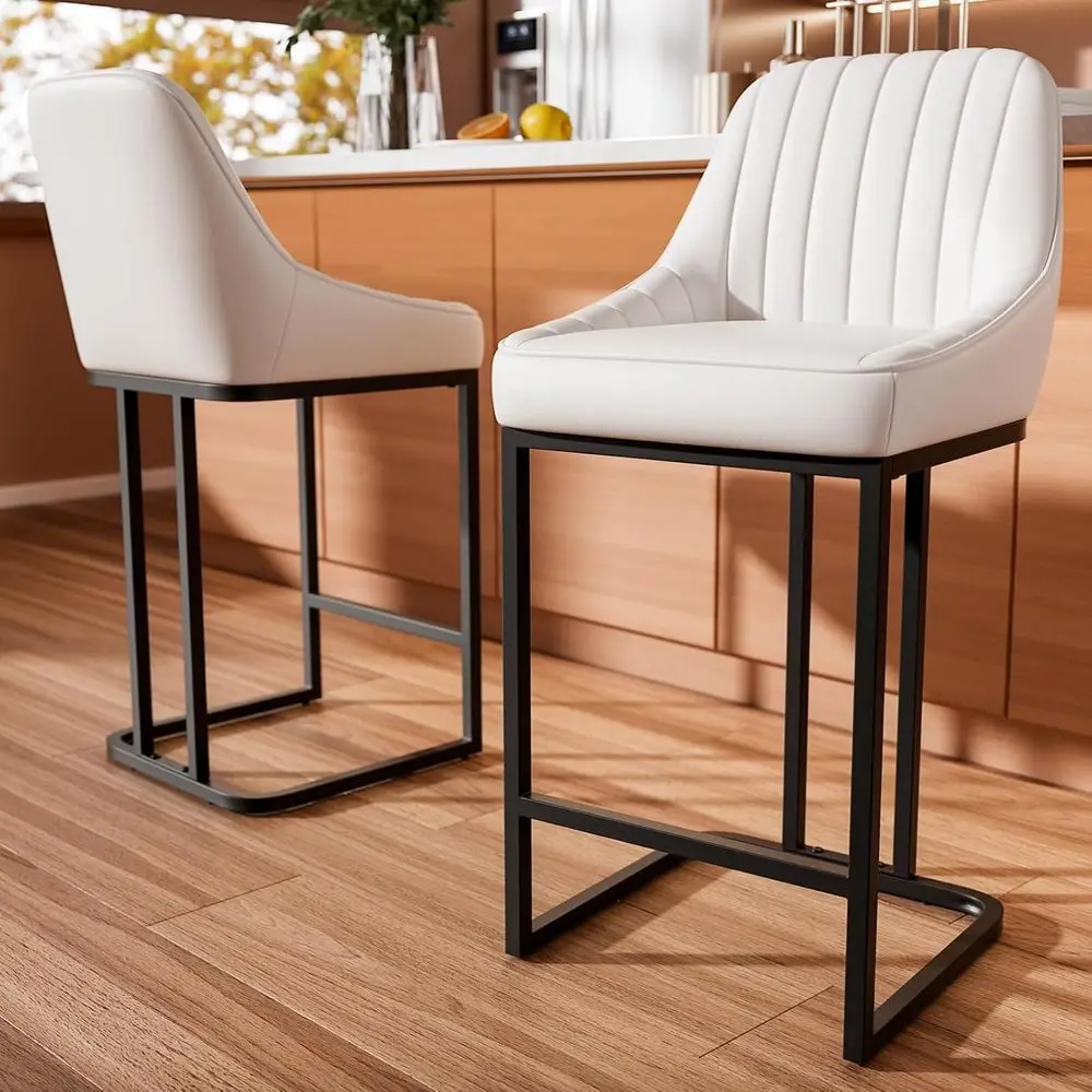 

Pair of 24 High-Back Metal & Upholstered Leather Bar Stools, White, Supports 300 lbs