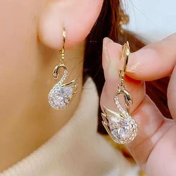 New Rhinestone Zircon Little Swan Pendant Gold Color Earrings for Women Fashion Elegant and Exquisite Ladies Party Trend Jewelry