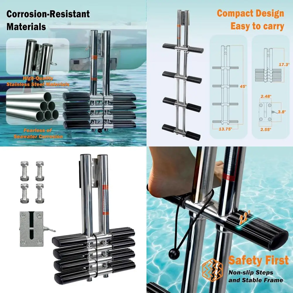 

4-ступенчатая лестница для дайвинга из нержавеющей стали для басовых лодок — сверхмощная с нескользящими ступеньками