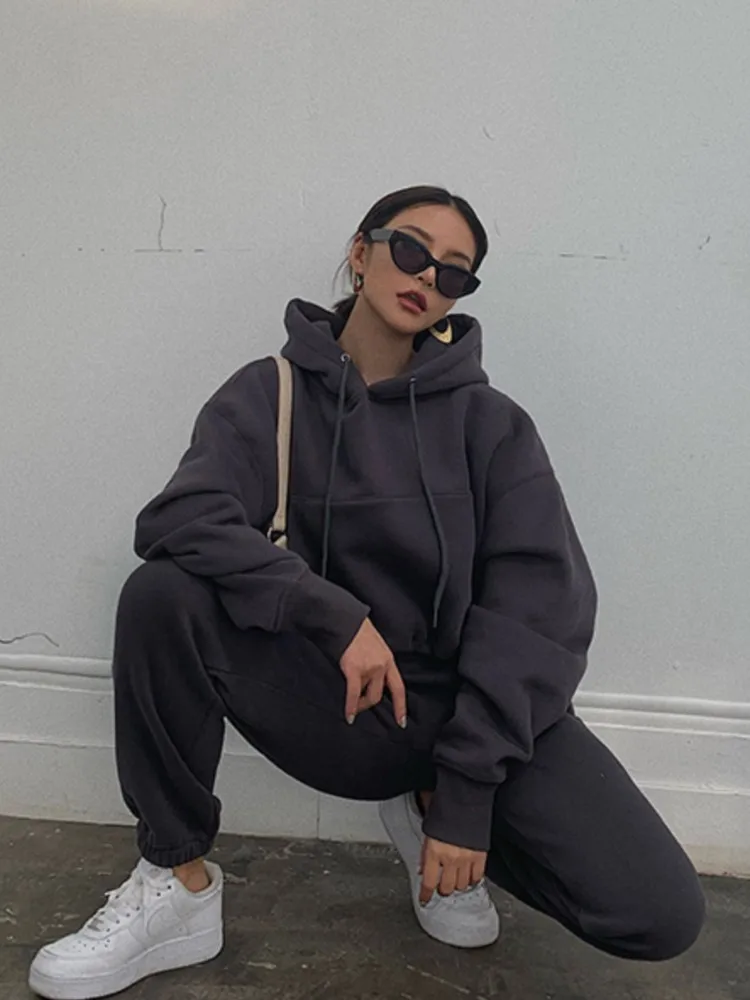 

Winter Spring Warm Oversized Hoodies 2 Pieces Set For Women Casual Fleece Solid Pullover Sweatshirts Suit Female Tracksuit