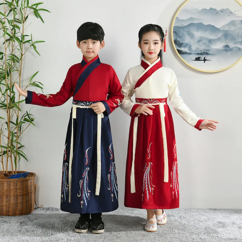 Hanfu เครื่องแต่งกายสำหรับการแสดงแบบโบราณของเด็กชุดจีนแบบดั้งเดิมทั้งเด็กผู้ชายและเด็กผู้หญิง