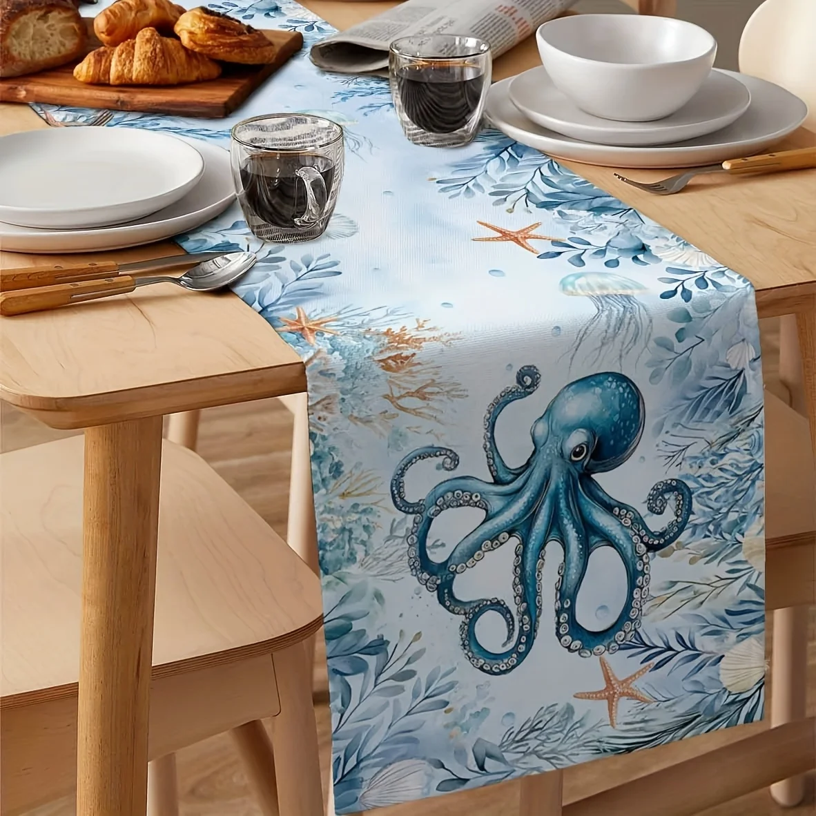 Octopus Starfish Jellyfish Linen Table Runner Party Decor Summer Ocean Marine Life Coral Kitchen Dining Table Runners Home Decor