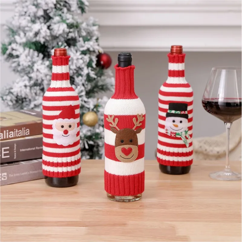 Christmas Wine Bottle Cover Decor Handmade Knit Cute Santa Claus Wine Cup Dress Bags Reusable Xmas Home New Year Decoration Gift