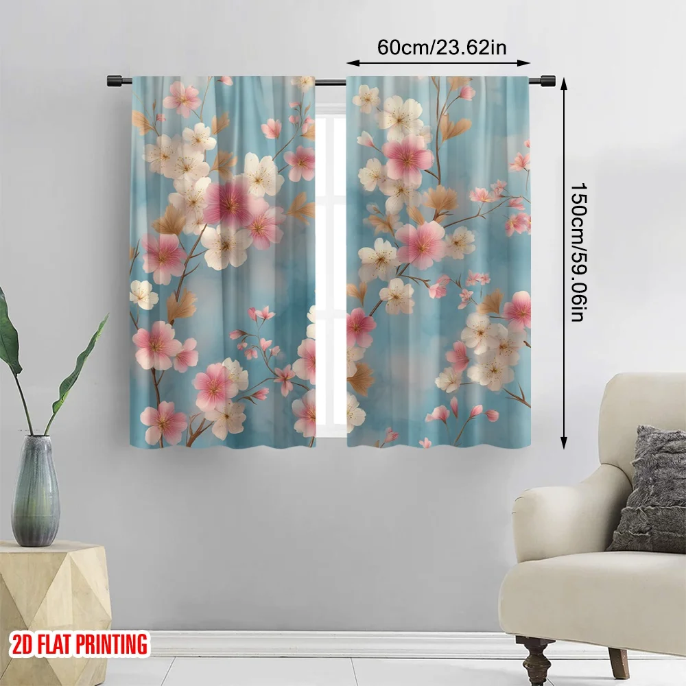 2pcs,2D plane printing Curtains&Window Treatment Cherry Blossoms on Blue Polyester Fabric (without rod) Art Deco Festive for