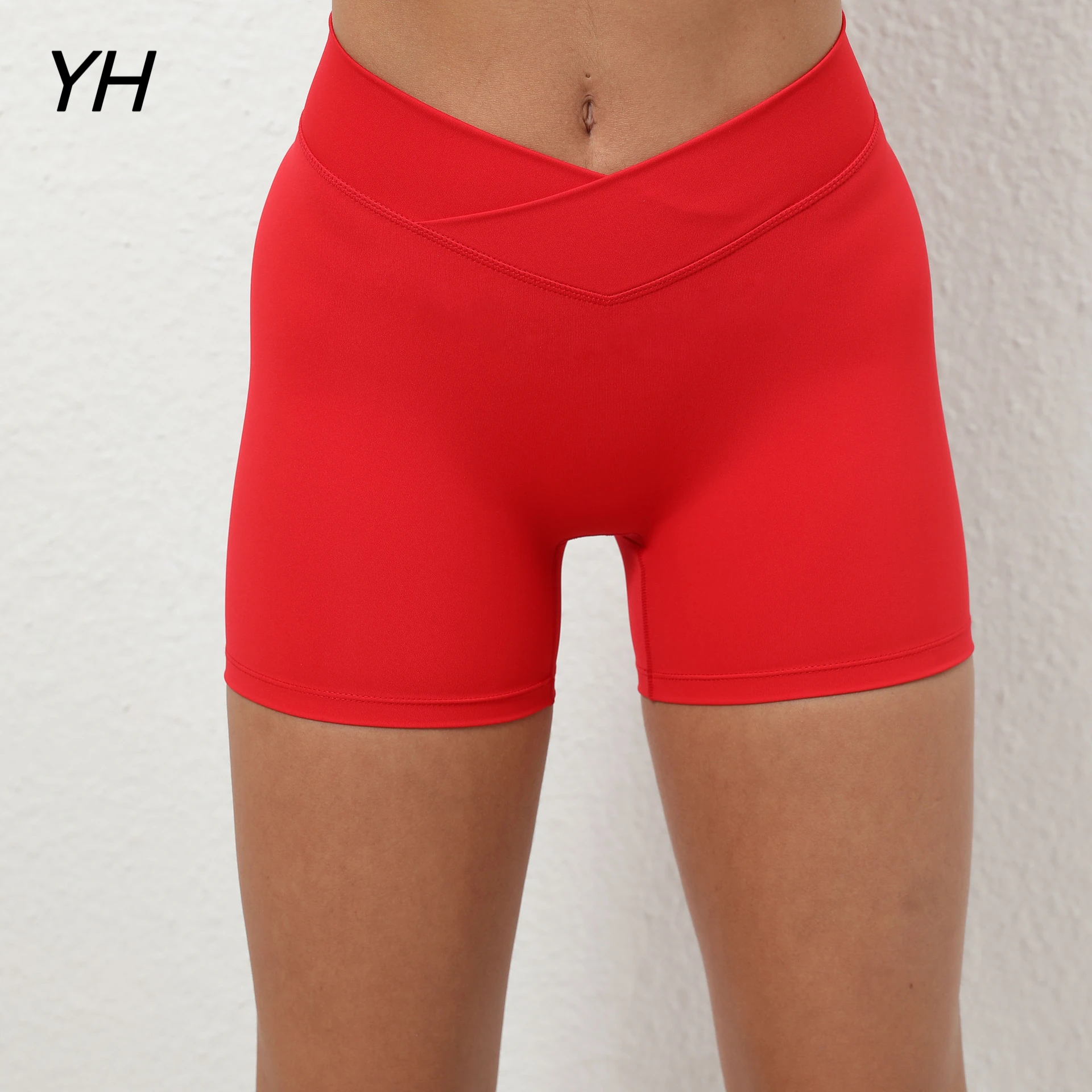 V Cross Waistband Yoga Shorts for Women Scrunch Butt Gym Shorts Stretchy Amplify Shorts Workout Push Up Sports Cycling Shorts