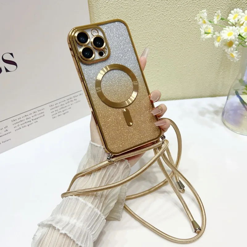 Magnetische Schutzhülle mit Trageriemen für Samsung S25 Ultra Galaxy S24 FE S21 S26 S22 S23 Plus A56 Kabellose Glitzer-Beschichtung Crossbody Lanyard Cover – Detail 16