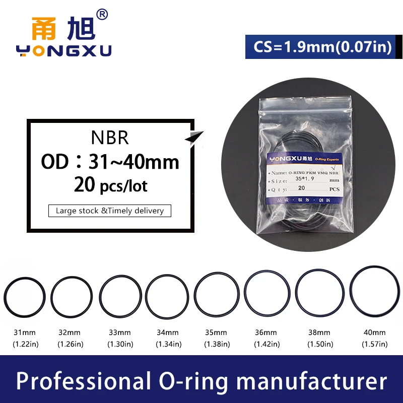 20PCS/Lot Black NBR Nitrile Rubber Sealing O Ring CS1.9mm OD31/32/33/34/35/36/37/38/39/40*1.9mm Gasket Oil ORings Washer