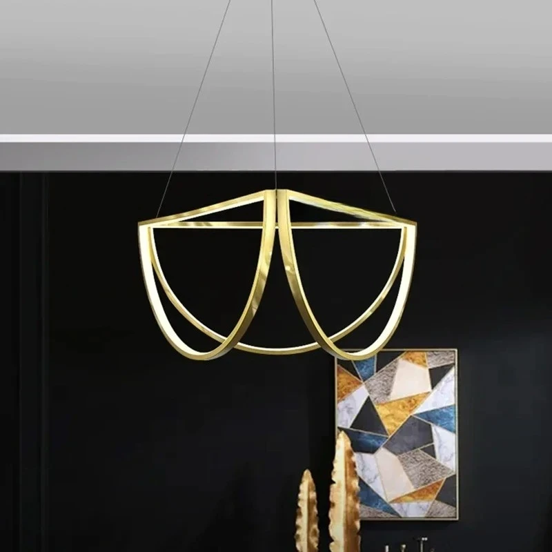

Modern Designer Led Steel Chandelier for Dining Room Hotel Half Circle Pendant Lamp Factory Dropship Store Customizable