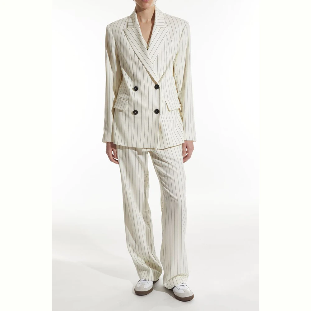 Luxury Beige Striped Women Suit Double Breasted 3 Piece Jacket Vest Pants Blazer Set Slim Fit Office Lady Female Clothing