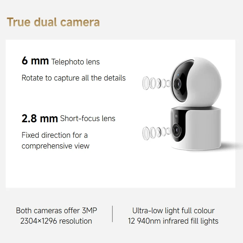 XIAOMI Smart Camera C300 Dual Camera Version，360° 3MP WiFi 6，Home Security Baby Monitor，Pet Camera，Chinese Version With Adapter image 2