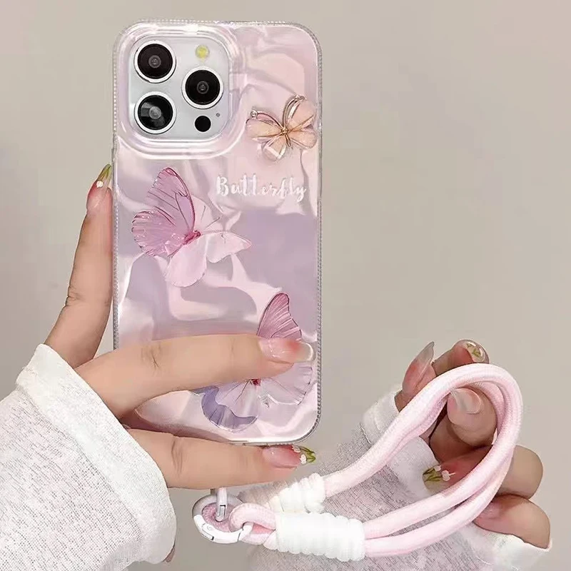 Flash Butterfly 3D Lanyard Case For OPPO Reno 14 14F 13 FS Realme 14 Pro Plus 13 12 Pro C71 C73 5G 4G Y2K Girl Phone Cover Cases