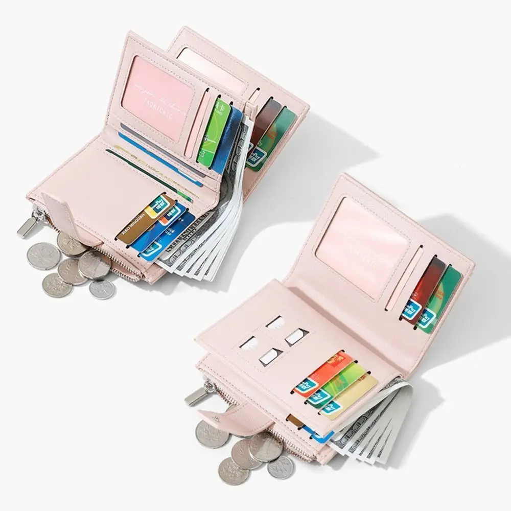 Practical PU Leather Women's Wallet Multi-Cards Slot Solid Color Mini Coin Pocket 2 Folds Anti-theft Zipper Coin Purse Unisex