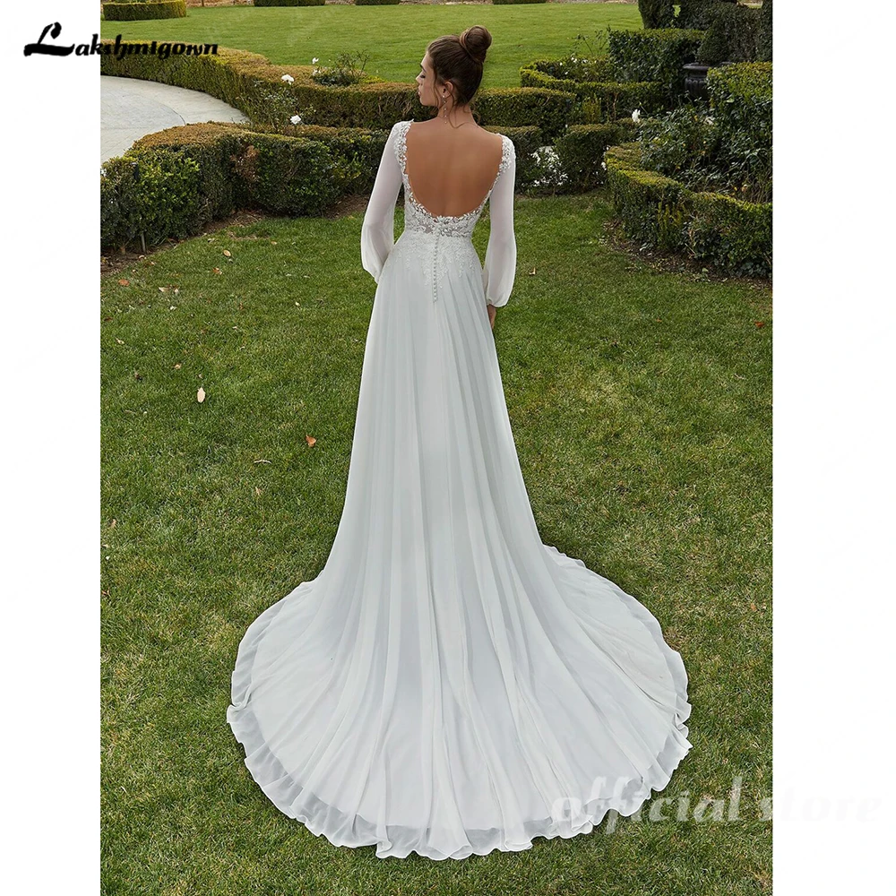 Lakshmigown Chiffon-Hochzeitskleider für die Braut, V-Ausschnitt, Plissee-Spitzenapplikationen, lange Ärmel, rückenfreies Robe De Soiree De Mariage – Detail 7