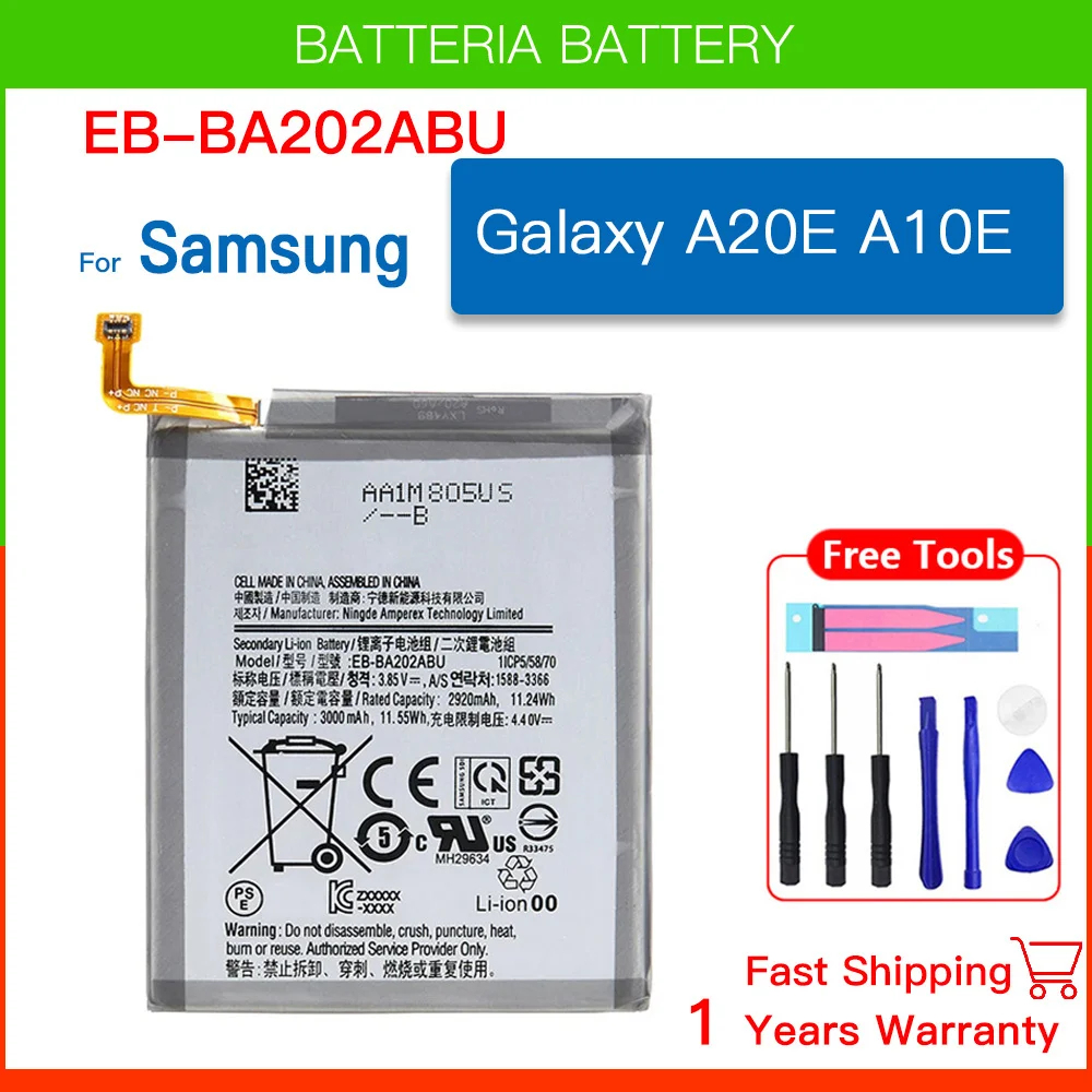 

Brand EB-BA202ABU Battery For Samsung Galaxy 2019 A20e A20E A20 A202F SM-A202F/DS,SM-A202,SM-A202J,SM-A102 Batteria+Tools