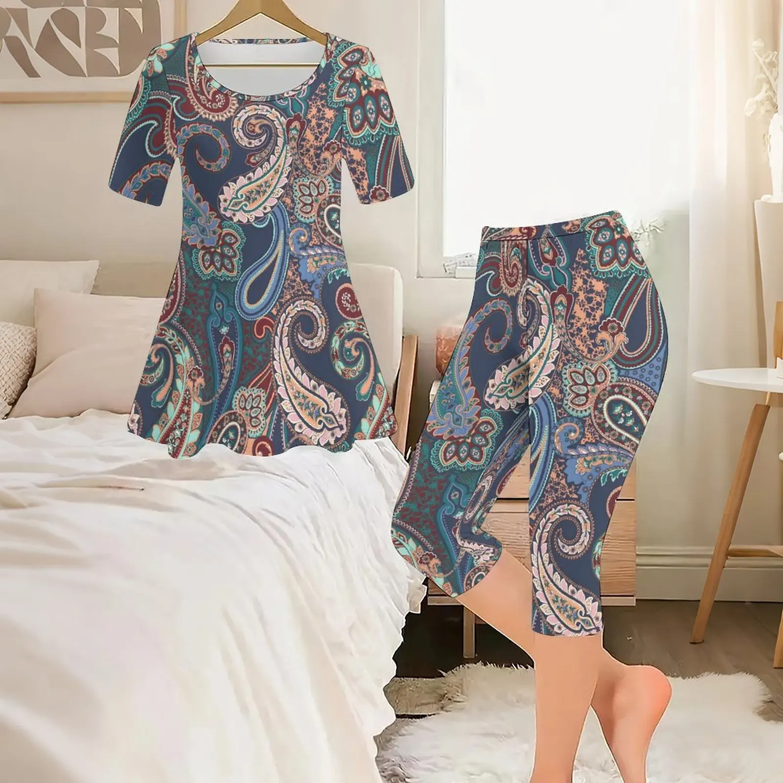 2pcs Ladies Printed Pants Casual Jogger Pants Round Neck Short Sleeve Fashion Leggings Set Women's Daily Top Slim Sport Pants