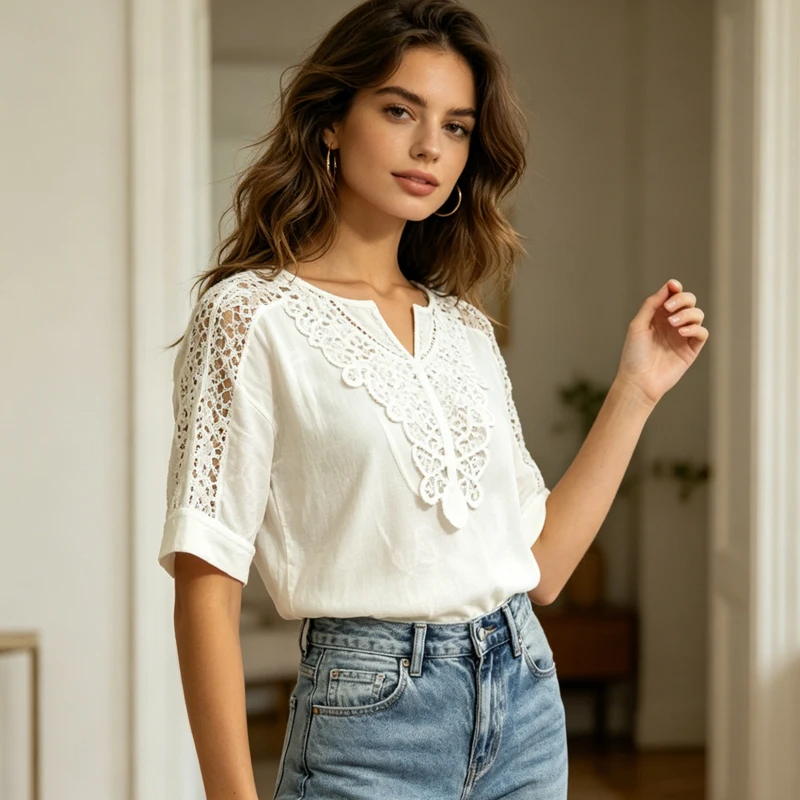 

Elegant Lace Crochet Trim Blouses Summer Hollow Out Blouse Women's Plus Size Tops Casual V Neck Loose Short Sleeved Shirt