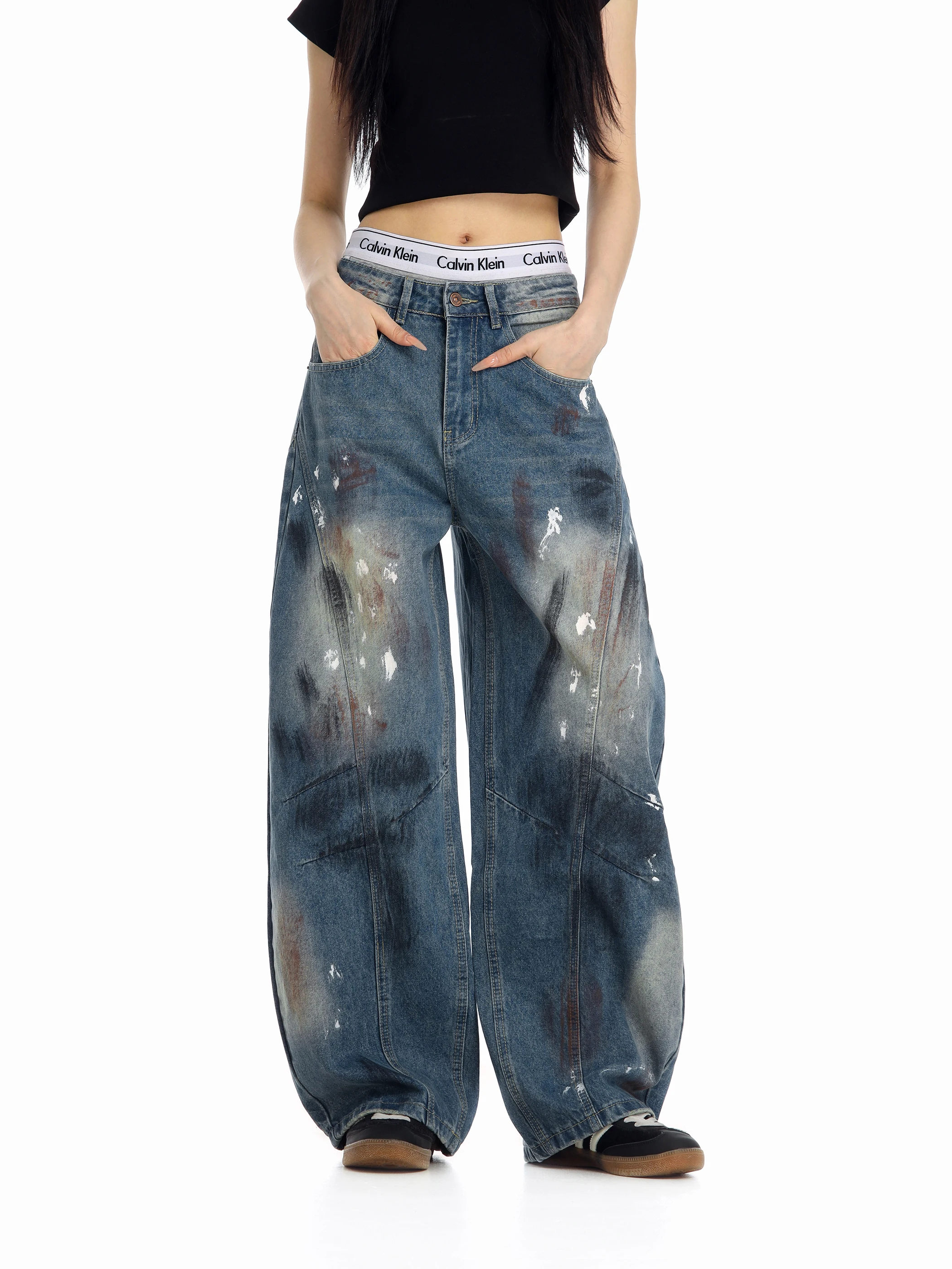 

Винтажные широкие джинсы для женщин, свободные брюки прямого кроя в стиле Beer Captain American Street fiti Splatter Ink Knife