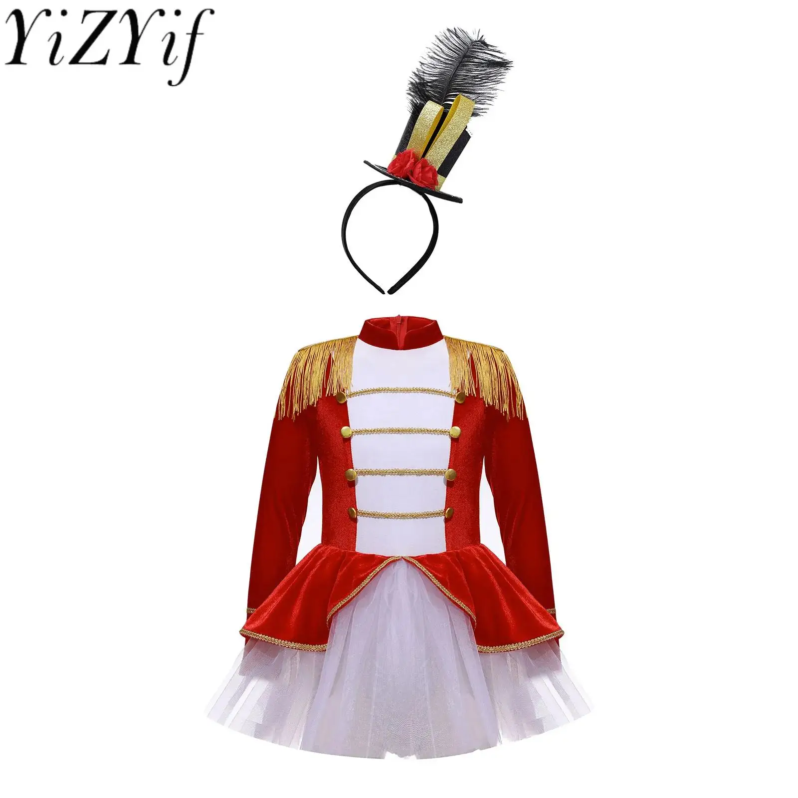 

Kid Girls Ringmaster Circus Costume Set Zipper Tutu Leotard Gown Dress with Hat for Halloween Carnival Cosplay Party Performance